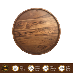 Best Quality Acacia Wood <b>Tray</b> | Home, Hotel, Restaurant Use <b>Round</b> Shape Wooden <b>Serving</b> <b>Tray</b> with Handles at Factory Price - Product Image 4