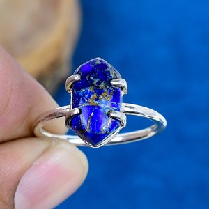Bague en argent sterling 925 avec pierre précieuse hexagonale en lapis-lazuli et cuivre naturel - Product Image 3