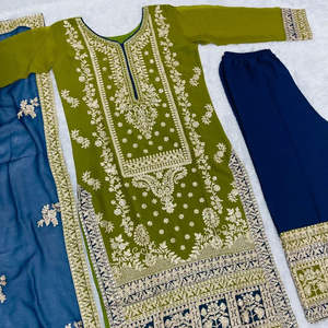 NEW DESIGNER HEAVY FAUX GEORGETTE GREEN SUIT BEAUTIFUL CHAIN <b>STITCH</b> WORK PARTY WEAR <b>DRESS</b> READY to WEAR FULLY <b>STITCH</b> - Product Image 1