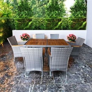 Ensemble de salle à manger moderne 1 + 6 meubles en osier avec accents en bois non empilables pour l'extérieur, durables et élégants - Product Image 3