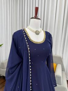 Blue Pakistani Indian Ethnic Anarkali Kurti Dupatta Beaded Floral Embroidery Faux Georgette Long Sleeves for Women Wedding Party - Product Image 4