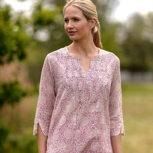 Haut long KURTA style raspberry rouge et rose, motif circulaire, 100% coton, imprimé en bloc, haut à plis pour femmes - Product Image 4