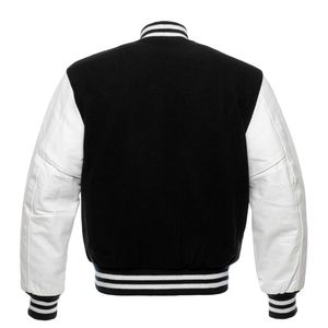 <b>Winter</b> Essential Genuine <b>Leather</b> Bomber Varsity <b>Jacket</b> for Men with black wool body and <b>leather</b> sleeves - Product Image 2