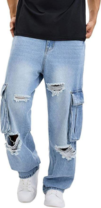Jean cargo déchiré bleu clair pour homme, taille élastique, denim délavé, style décontracté automne, poids moyen, écologique - Product Image 2