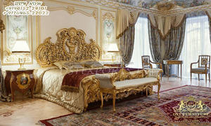 Traditional Teak Wood Handcrafted Maharaja <b>Bed</b> Luxury Solid Wood <b>Bed</b> With Nightstands Classic Golden Carved <b>Bed</b> With Side <b>Stools</b> - Product Image 5