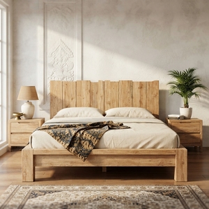 Solid Wood <b>Bed</b> <b>Frame</b> Rustic Log Slat Headboard <b>Queen</b> <b>Size</b> Natural Teak Style Wooden Platform <b>Bed</b> Bedroom Set Home Furniture - Product Image 5