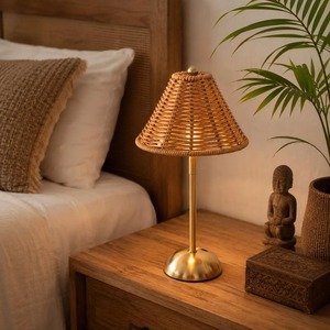 <b>Rattan</b> Shade <b>Table</b> Lamp For <b>Bedside</b> Reading Light Handmade Woven Night Lamp Living Room Bedroom Cozy Ambient Lighting Decor - Product Image 1