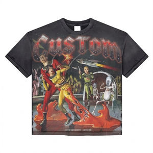 300Gsm Oversized Heavyweight Acid Wash T-shirt Distressed Graphic Print Rhinestone Vintage Hip Hop Streetwear Mens <b>Tshirts</b> - Product Image 2