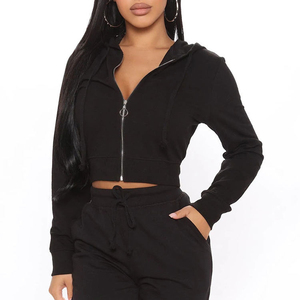 Women Black Cropped Hoodie <b>Sweatshirt</b> Long Sleeve Solid Color Casual Autumn Wear 100% Cotton Drawstring Pants Set - Product Image 2