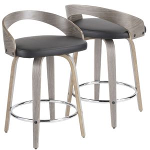Set di 2 Sgabelli da Bancone Stile Mid-Century Moderno con Legno Grigio Chiaro e Seduta in Ecopelle Nera - Product Image 2