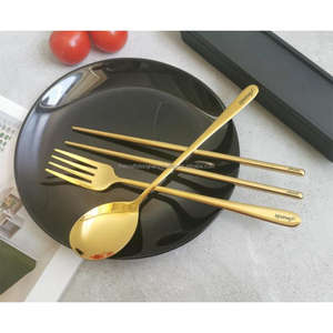 Ensemble de couverts en or, fournitures pour hôtels et restaurants, cuillère, fourchette et baguettes dorées, ensemble de 3 pièces, couverts de luxe, compatibles lave-vaisselle - Product Image 1