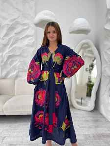 Vintage <b>Boho</b> Embroidered Cotton Maxi Dress Women Navy Floral Pattern Balloon Sleeve <b>Belted</b> Loose Fit Long Dress - Product Image 3