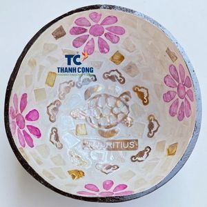 Tazón Ecológico de Cáscara de Coco Lacada, Recuerdo de Mauricio, con Incrustaciones de Mosaico de Tortuga Marina, Decorativo, de Madreperla - Product Image 1