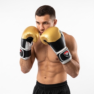 Gants de boxe en cuir noir doré Dumela 16 oz, équipement d'entraînement professionnel avec logo - Product Image 2