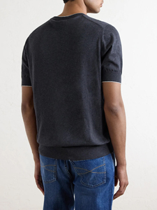Camiseta de algodón azul marino premium para hombre, cuello redondo con ribete en contraste, camiseta informal de algodón de lujo para hombre, ribete en contraste azul marino - Product Image 2