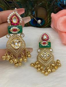 Stunning Premium Quality Gold Finish Kundan <b>Long</b> <b>Earrings</b> For Women & Girls Traditional Look Wedding Wear Collection - Product Image 2