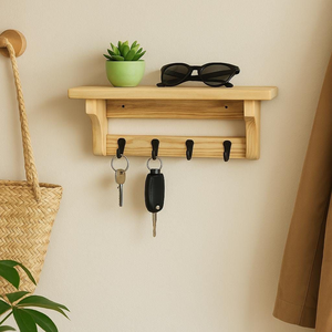 Porte-clés mural en bois avec crochets, décoration rustique pour la maison, organiseur mural en bois avec étagère et crochets - Product Image 3