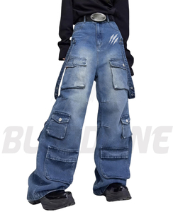 Pantalon cargo en toile noire délavée, coupe large, 100% coton, taille mi-haute, séchage rapide, coupe décontractée - Product Image 3