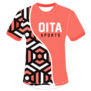 Ensemble short et maillot de rugby géométrique rouge corail, noir et blanc, à manches courtes, col rond, personnalisable, respirant, pour l'entraînement et les sports d'équipe - Product Image 3