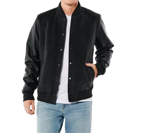 Men's Black White Varsity Jacket Regular Fit Crew Neck <b>Covered</b> <b>Button</b> Closure Color Blocking Casual Winter Streetwear Wool - Product Image 6