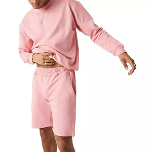 Men's Pink Casual 2-Piece <b>Set</b> Crew Neck Sweatshirt Shorts Solid Color <b>Knitted</b> Cotton Summer Wear - Product Image 1