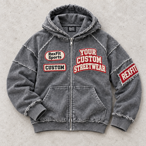 Vintage Acid Wash Patchwork <b>Hoodie</b> Custom Design <b>Stitching</b> Full Zip Unisex Streetwear Embroidered Badge Wholesale Supplier - Product Image 1