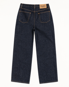 Pantalon en jean taille haute coupe large unisexe, coupe droite ample, bleu foncé, style streetwear, avec logo personnalisé, vente en gros - Product Image 3
