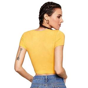 Camiseta Corta Amarilla para Mujer, Cuello Redondo, Corte Regular, Color Sólido, Tejido Transpirable y Ecológico, Primavera - Product Image 4