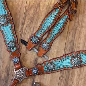 Conjunto de Brida y Pechopetral de Lujo para Caballo Estilo Western, Cuero de Primera Calidad con Pedrería, Hecho a Mano, Personalizado para Equitación - Product Image 3