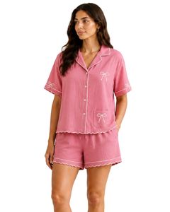 Ensemble de pyjama personnalisé rose pour femme, manches courtes, boutonné, avec broderie nœud mignon, doux et respirant, idéal pour l'été - Product Image 1