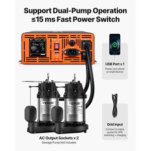 Système de pompe de puisard 2500W avec écran LCD, batterie de secours, inverseur à commutation automatique, onduleur à onde sinusoïdale pure pour pompe solaire - Product Image 3