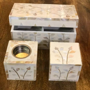 Juego de incensario decorativo de madera de agar con incrustaciones de hueso y nácar aromático, color regalo, de Blossom Craft. - Product Image 1