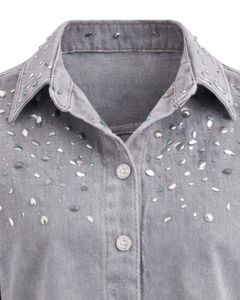 Chaqueta Vaquera Corta Gris Personalizada para Mujer con Cierre de Botones Frontales con Pedrería, Manga Larga, Estilo Urbano, Top para Fiesta - Product Image 3