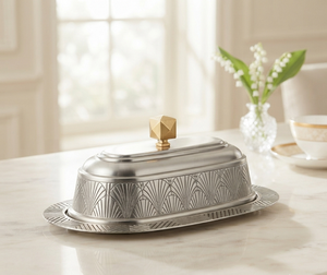 Plat à beurre ovale en acier inoxydable avec couvercle, motif gravé vintage, hermétique, vaisselle de cuisine pour les fêtes - Product Image 1