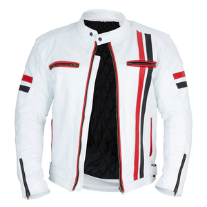 New <b>White</b> PU Motorcycle <b>Jacket</b> Stand Collar Striped Red Black Windproof Biker Style Regular Fit Zipper Closure Bicycle <b>Jackets</b> - Product Image 1