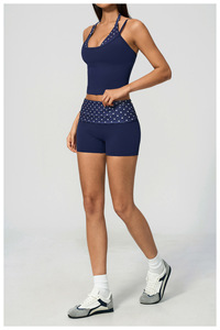 Navy <b>Blue</b> Solid Halter Crop Top High Waist Full Length Yoga Pants 2 Piece Set Breathable Eco-Friendly Durable Spandex Polyester - Product Image 5