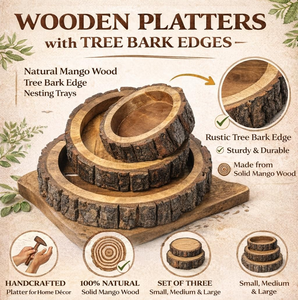 ชุดถาดไม้ทำมือ 3 ชิ้น ขอบลายเปลือกไม้ ถาดเสิร์ฟไม้มะม่วง สำหรับชา ขนม ของว่าง ใช้ในครัวและห้องรับประทานอาหาร - Product Image 5