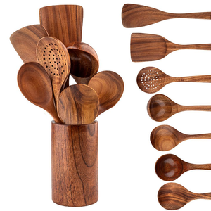 Spatule en bois de manguier artisanale de qualité supérieure, ensemble de couverts en bois d'acacia écologique avec support, design moderne, couleur personnalisable - Product Image 1