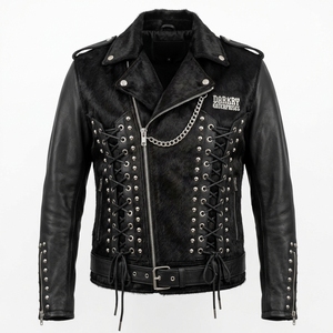 Wholesale Mens Genuine Leather <b>Jacket</b> Custom Cow Hair On Hide Panels Studded Biker Coat Symmetrical Lace Up <b>Punk</b> Outwear - Product Image 1