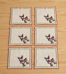 Wholesale Custom Embroidered Modern Cocktail Napkins Deer Christmas Natural <b>Linen</b> Red Green Border Coaster for Home Bars - Product Image 1