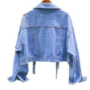 Printed Woven Denim <b>Jacket</b> Women Short <b>Trucker</b> Style Mandarin Collar Full Sleeve Spring Autumn Casual Coat Light Blue - Product Image 2