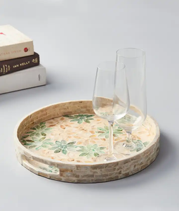 Plateau de service rond multifonctionnel moderne en nacre et os incrustés, taille personnalisée, pour café et thé, vente en gros - Product Image 1