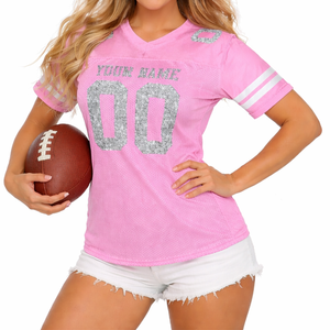 Venta al por Mayor de Camisetas de Fútbol Americano Personalizadas para Mujer, con Rayas, Malla, Cuello en V, Color Rosa, Transpirables, Uniformes de Equipo, Sublimación, Ropa Deportiva OEM al por Mayor - Product Image 2