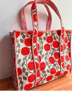 Premium Vendor White Pink Floral Block Printed Cotton Kantha Quilted Storage Tote <b>Bag</b> Women Shoulder Travel Carrying Handbag Pri - Product Image 4