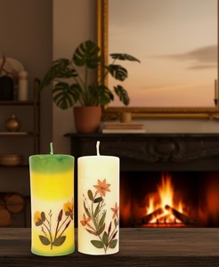 Handmade Soy Wax & Paraffin Eco-Friendly Decorative Floral Pillar <b>Candles</b> Set of 2 for Halloween Christmas Easter Holiday Decor - Product Image 3