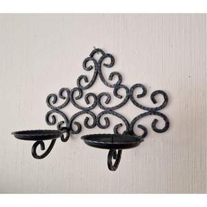 Handcrafted Wrought Iron Filigree Scroll <b>Wall</b> <b>Sconce</b> Double Arm Elegant Matte Black Hammered Metal <b>Wall</b> Mount Pillar Candle Hold - Product Image 1