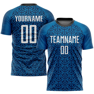 Custom Blue Geometric Sublimated Soccer Jersey Short Sleeve Crew Neck Moisture Wicking Unisex Adult Team Apparel - Product Image 1