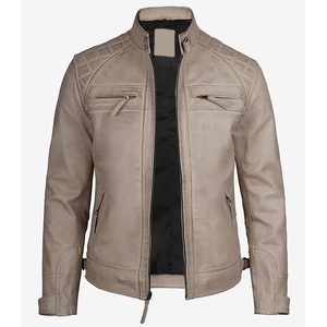2026 OEM Best Selling Beige Cowhide <b>Leather</b> <b>Jacket</b> For <b>Men's</b> Stand Collar Zipper Pockets 100%High Quality Low MOQ Fashion <b>Jacket</b> - Product Image 4