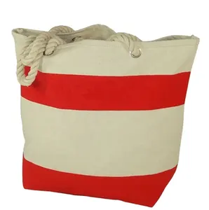 Bolso de mano de lona orgánico para la playa, bolsa de mano de algodón con estampado de logotipo personalizado Popular, Diseño a rayas, venta al por mayor