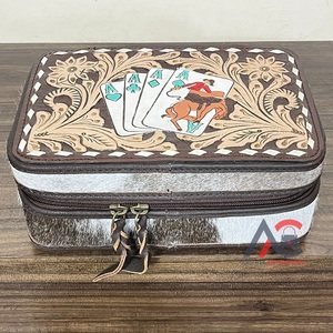 Boîte de rangement de voyage en cuir véritable de vachette, style vintage 2026, avec motif poker, fermeture éclair élégante, pour bijoux et accessoires - Product Image 1